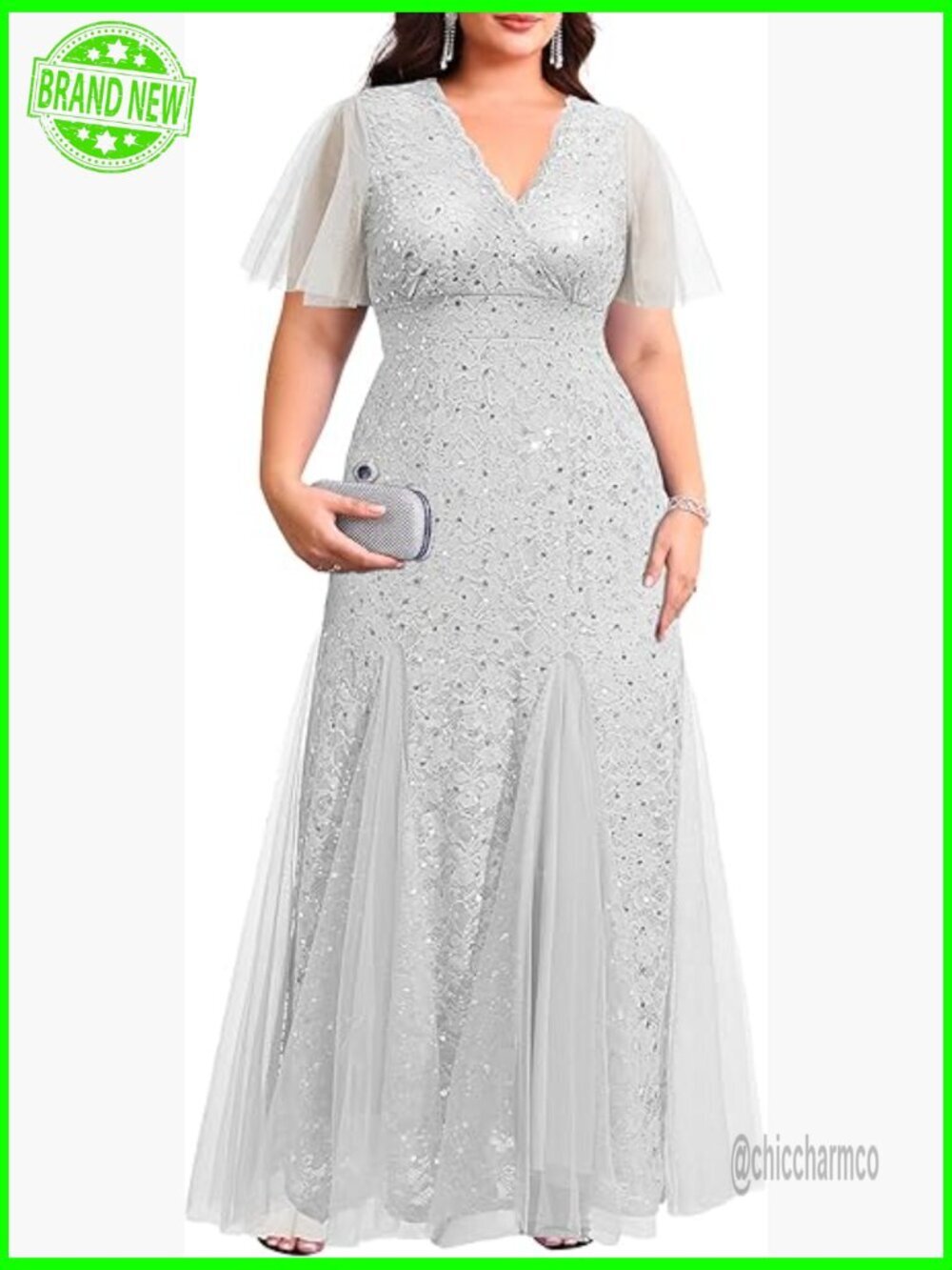Plus Size Formal Mermaid Dress with Sequin Lace and Tulle Hem